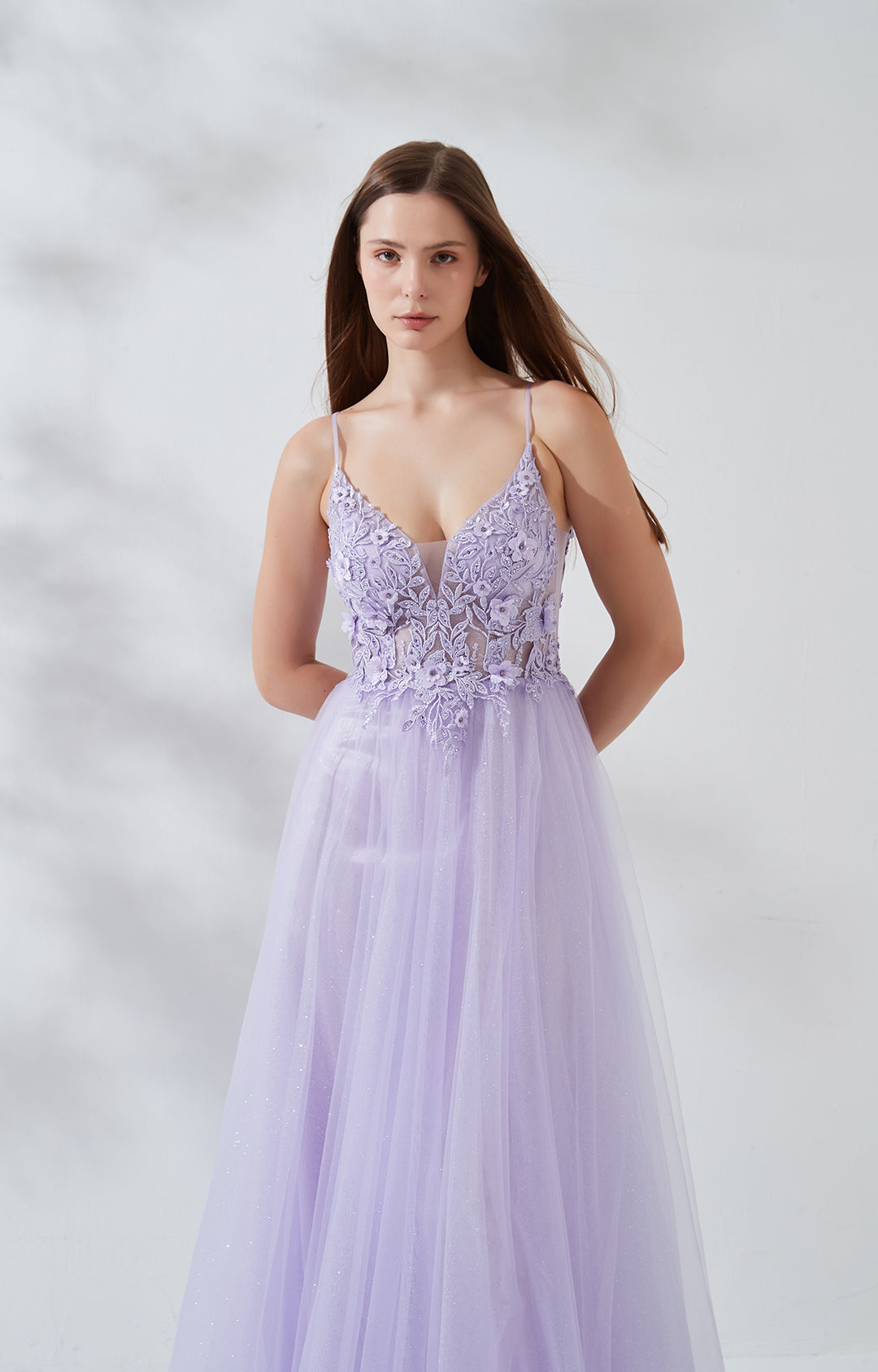 V-neck Wide Strap Lace Embroidered Appliqué Floor Length Dress