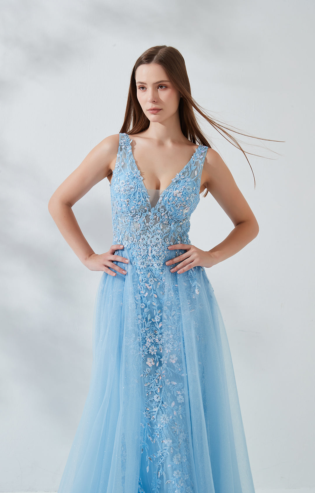 V-Neck Wide Strap Sleeveless Lace Embroidered Sequin Prom Dress