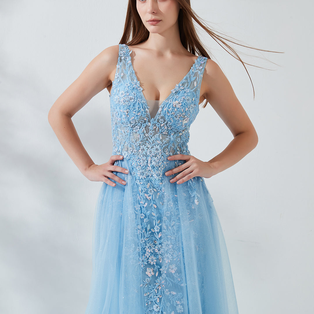 thick strap prom dresses V-Neck Wide Strap Sleeveless Lace Embroidered Sequin Prom Dress