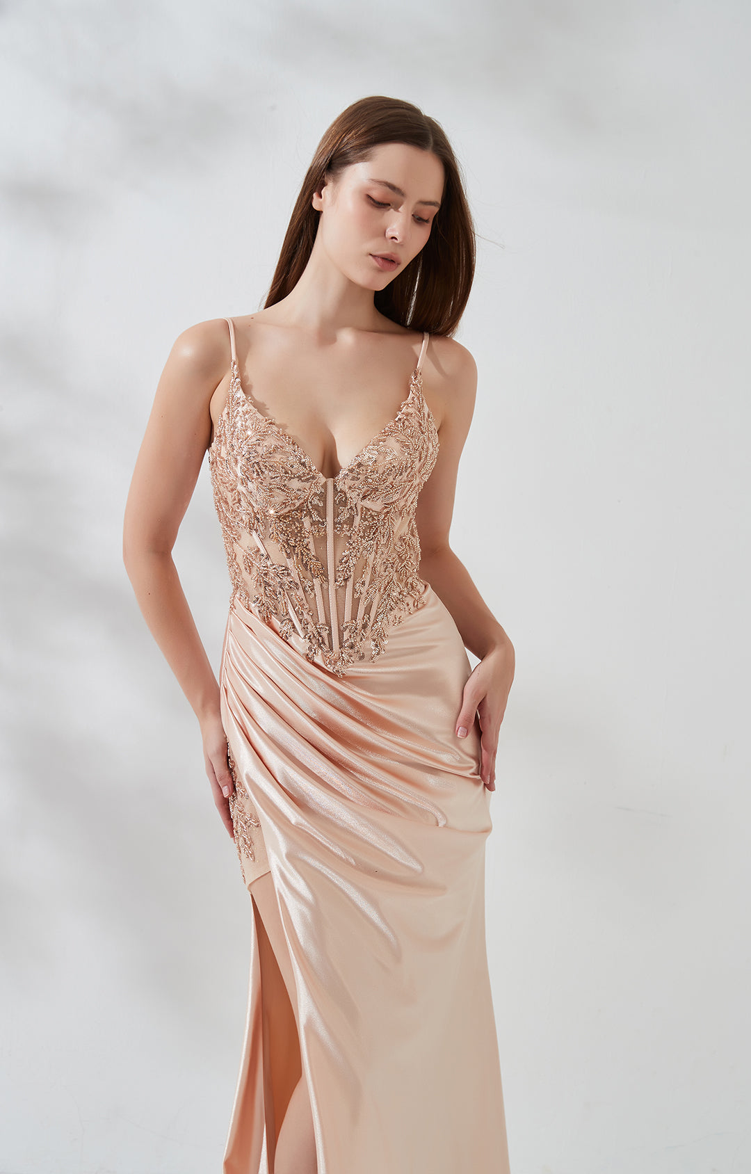 V-Neck Appliqued Lace High Split Zipper Train Evening Dress