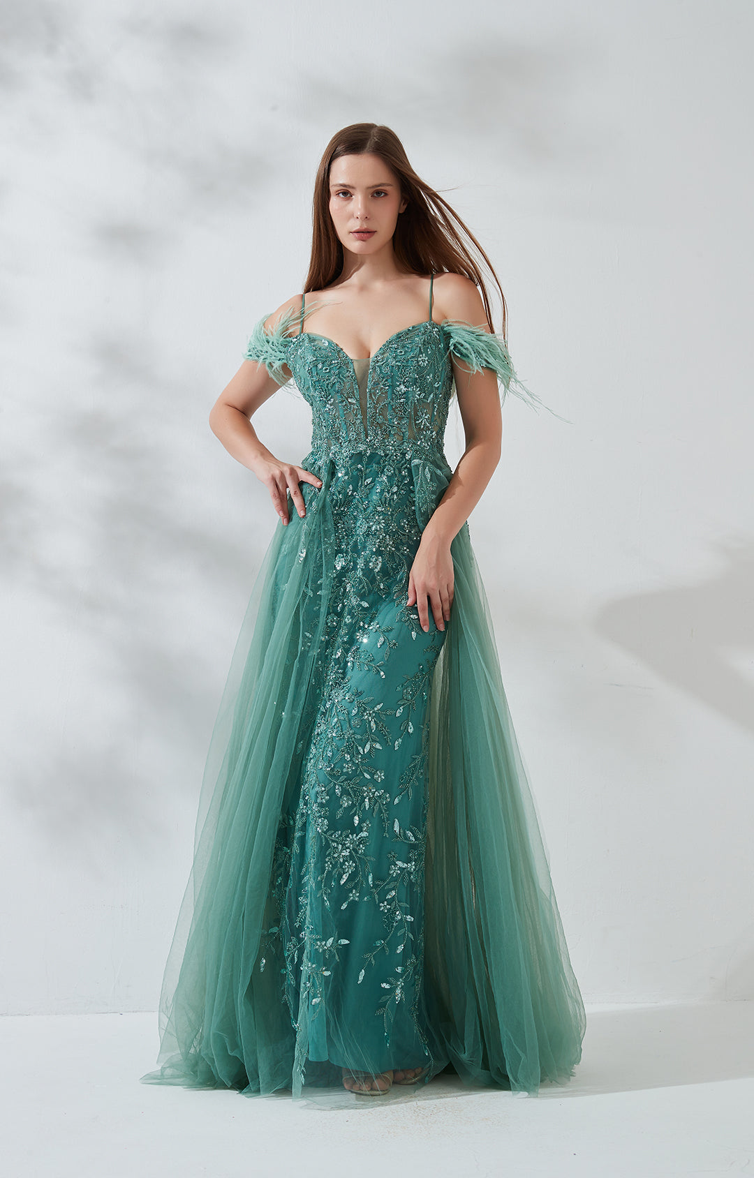 V-Neck Feather Drop Shoulder Sleeve Straps Appliquéd Mesh Dress