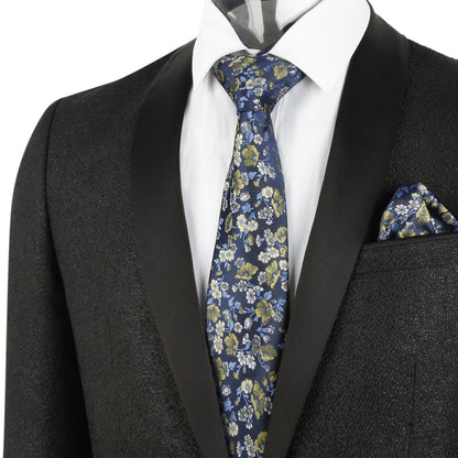 Men's 3.15inches Flower Patterned Tie with Floral Printed Pocket Square Set #109