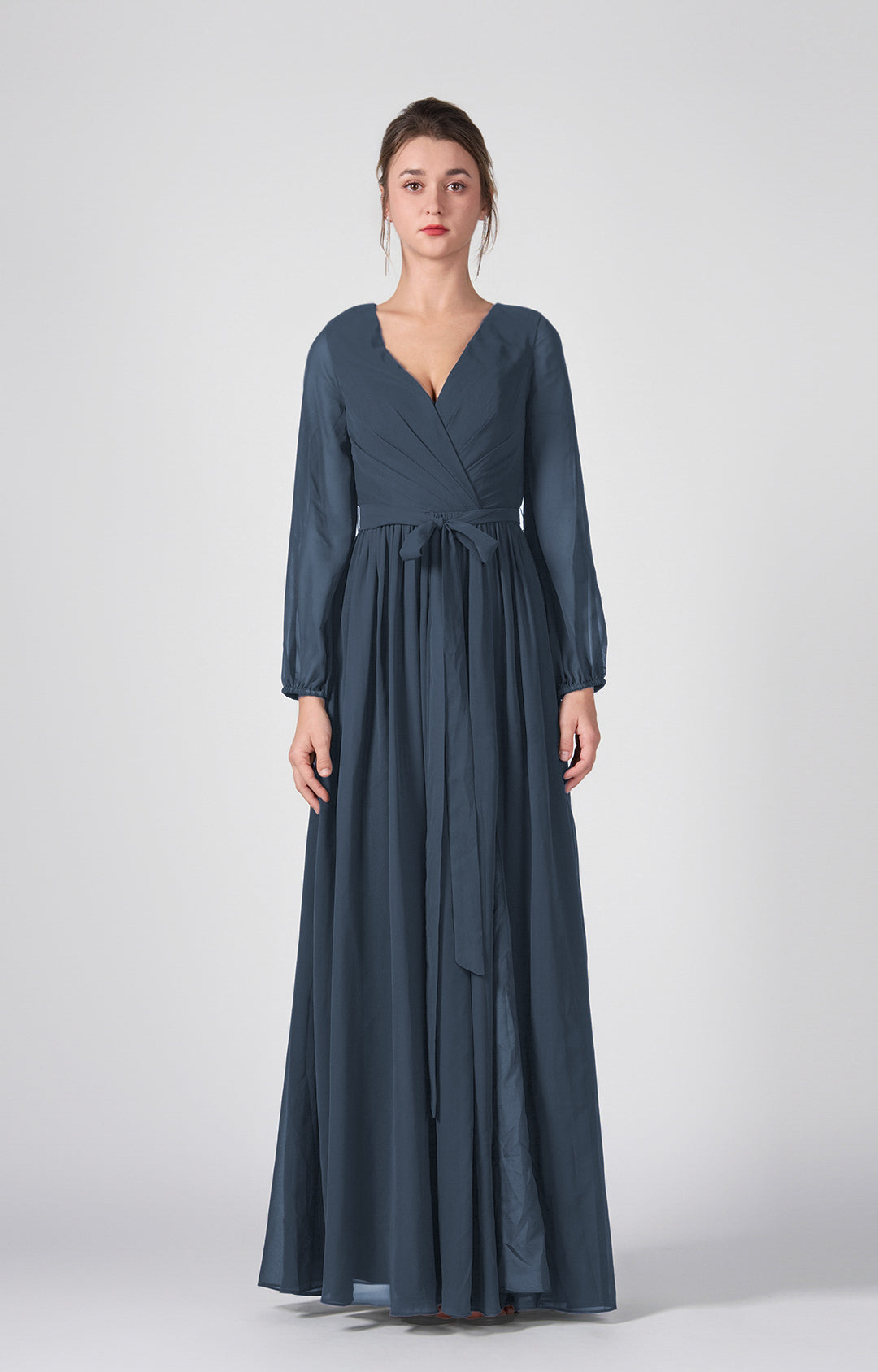 Ruched V-Neck Long Sleeve Split Maxi Dresses with Tie