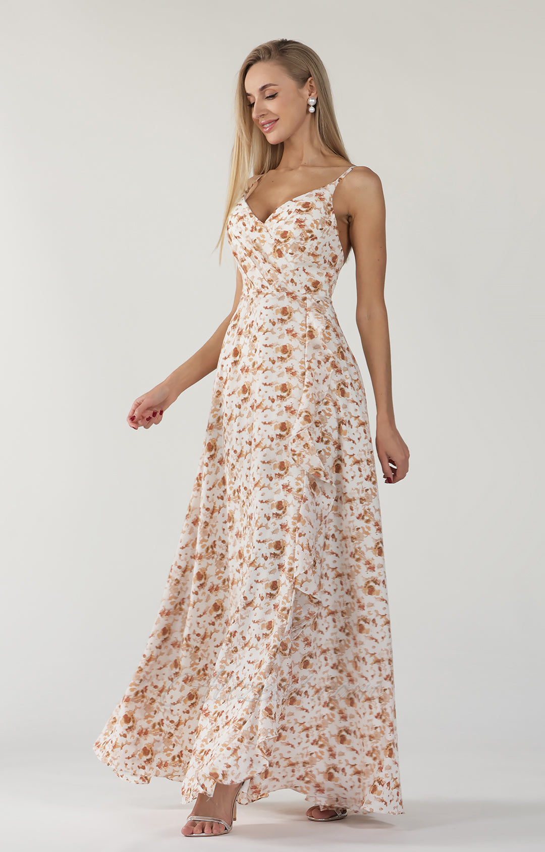 V-Neck Spaghetti Straps A-Line Side Split Floral Print Maxi Dress - White+Khaki V-Neck Spaghetti Straps A-Line Side Split Floral Print Maxi Dress - White+Khaki