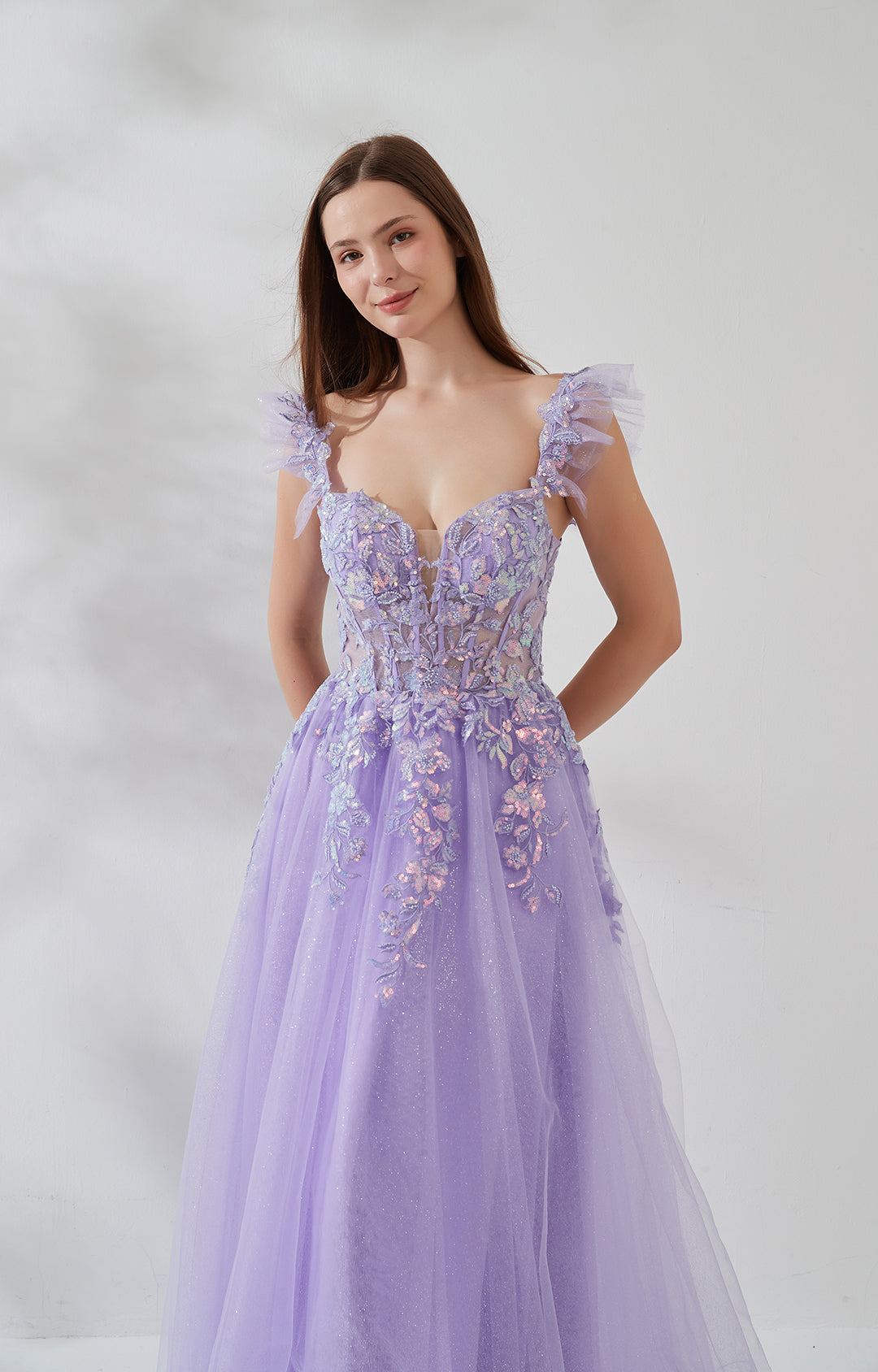 Flutter Sleeves Deep V-neck Lace Sequin Floor-length Prom Dress
