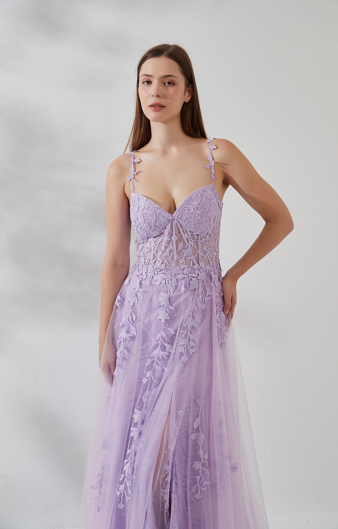 A-line Heart Collar Side Split Lace Appliqued Beads Prom Dress