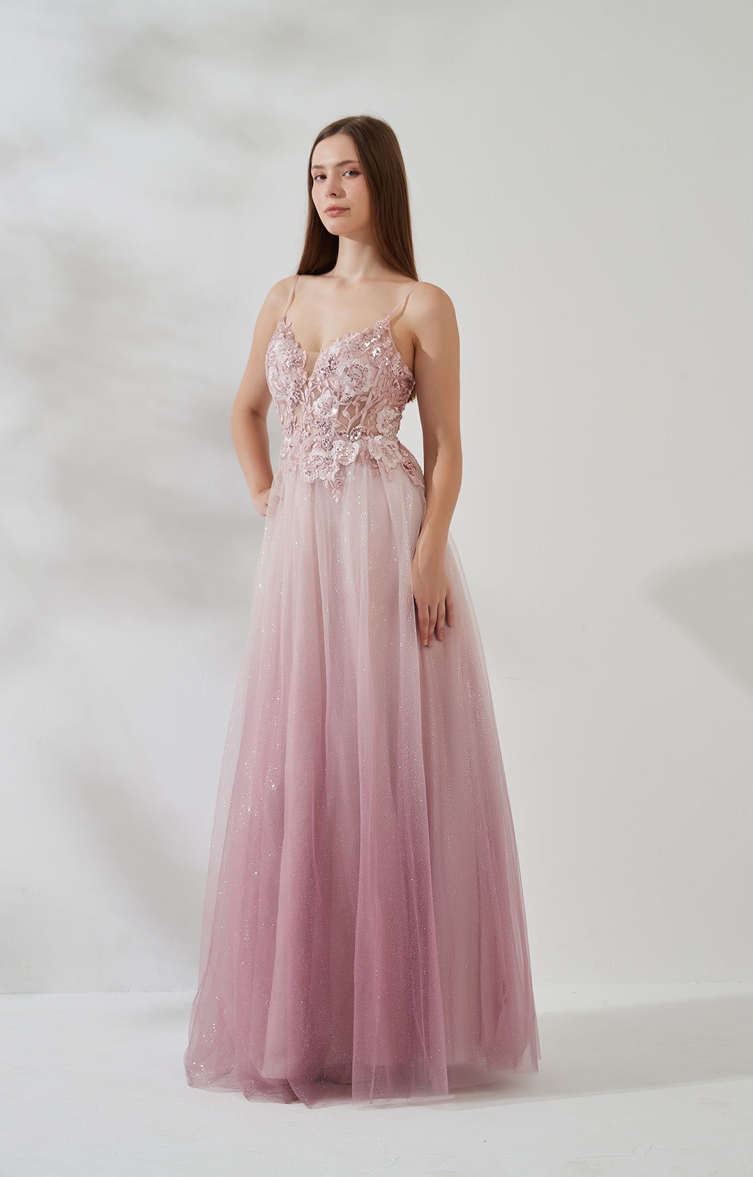 V-Neck Adjustable Spaghetti Straps Floor-length Prom Dress