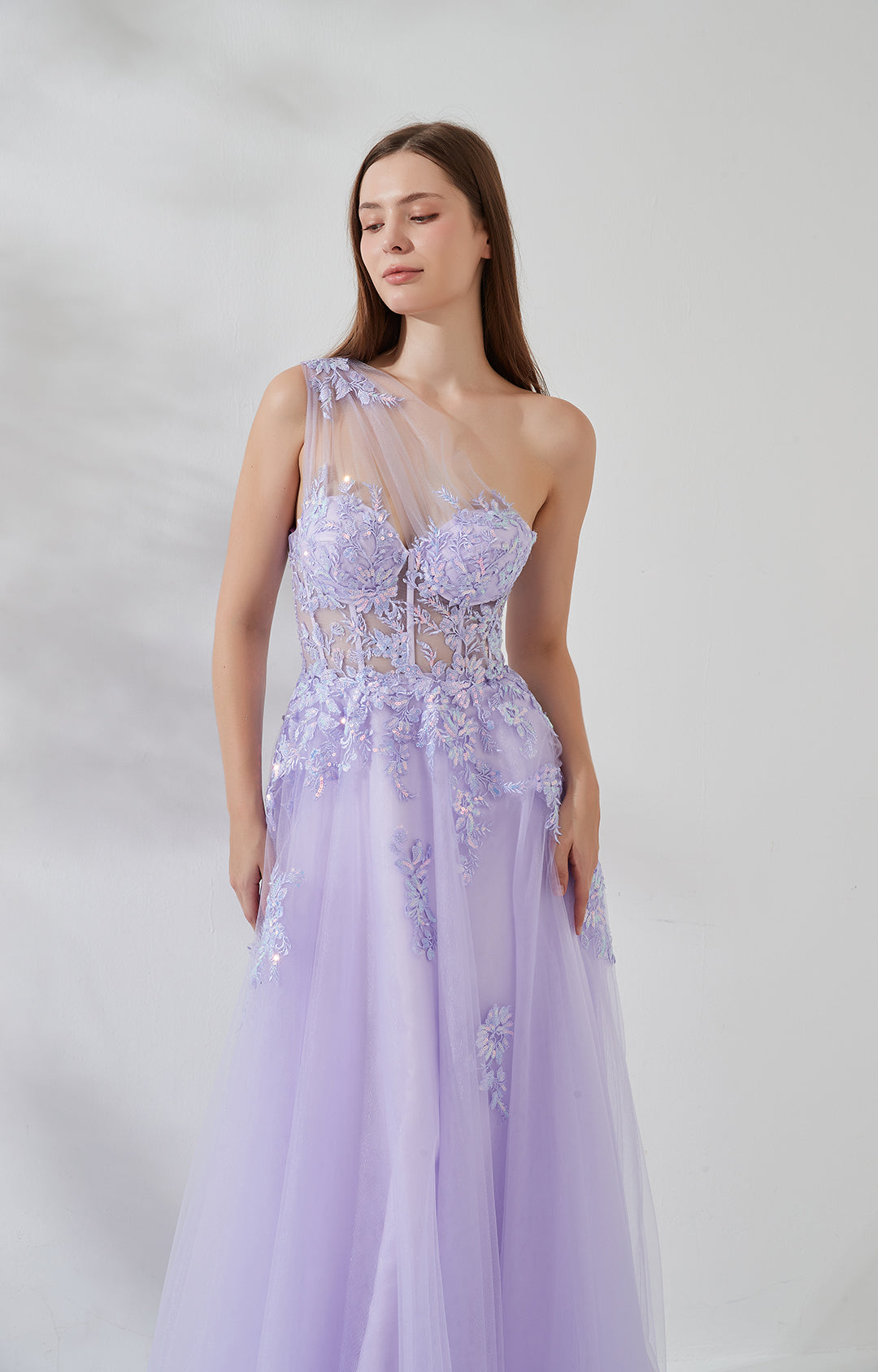 One-shoulder Lace Appliqued Sequin Floor-length Sweep Train Dress