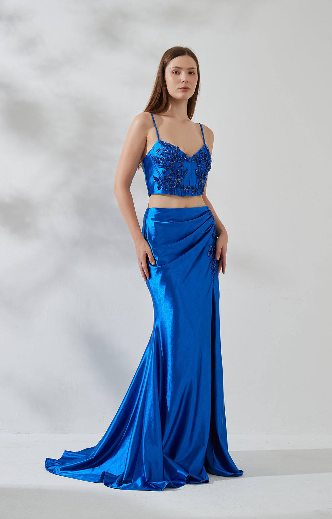 strapless open back dress Two-Piece V-Neck Appliqued Spilt Lace-Up Back Fishtail Evening Dress