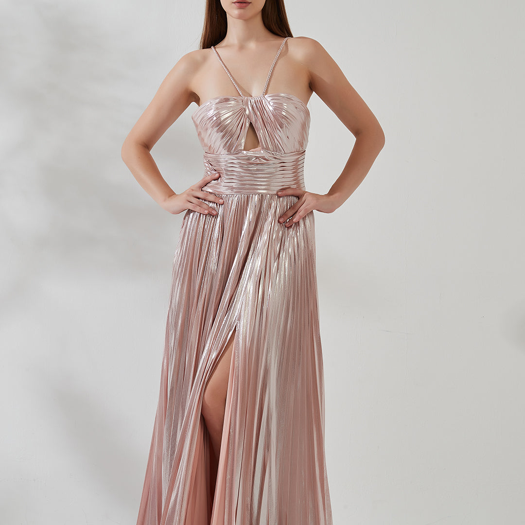 Spaghetti Strap Pearlescent Pleated Side Slit Evening Dress Alizeal Spaghetti Strap Pearlescent Pleated Side Slit Evening Dress Alizeal