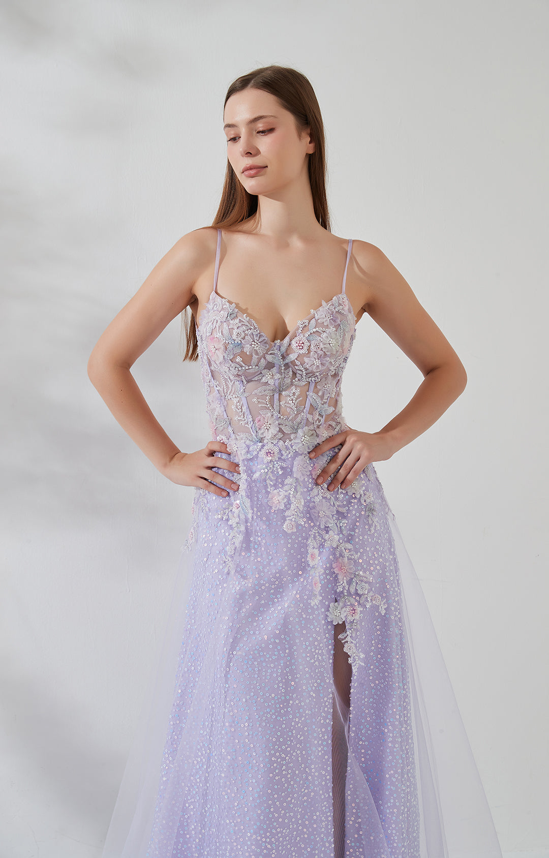 Spaghetti Straps 3D Flower Sequin Front Split Floor-length Prom Dress