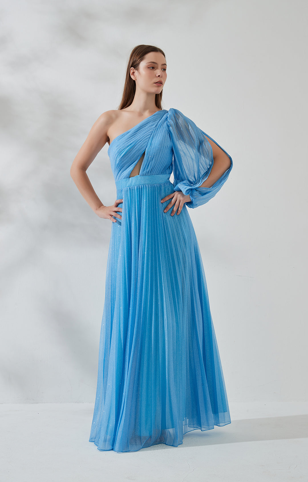 One Shoulder Bishop Sleeve Cutout Sequin Pleated Bridesmaid Party Dress