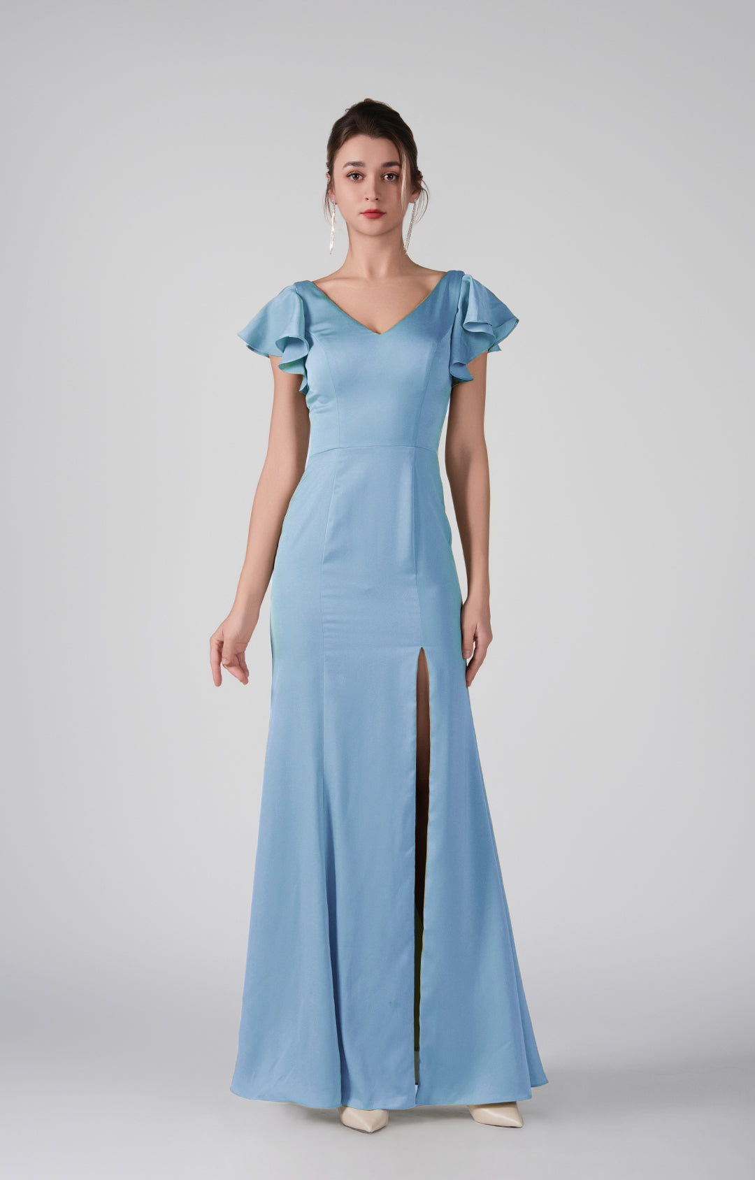 Flutter Sleeves V-Neck Fitted Front Slit Dresses