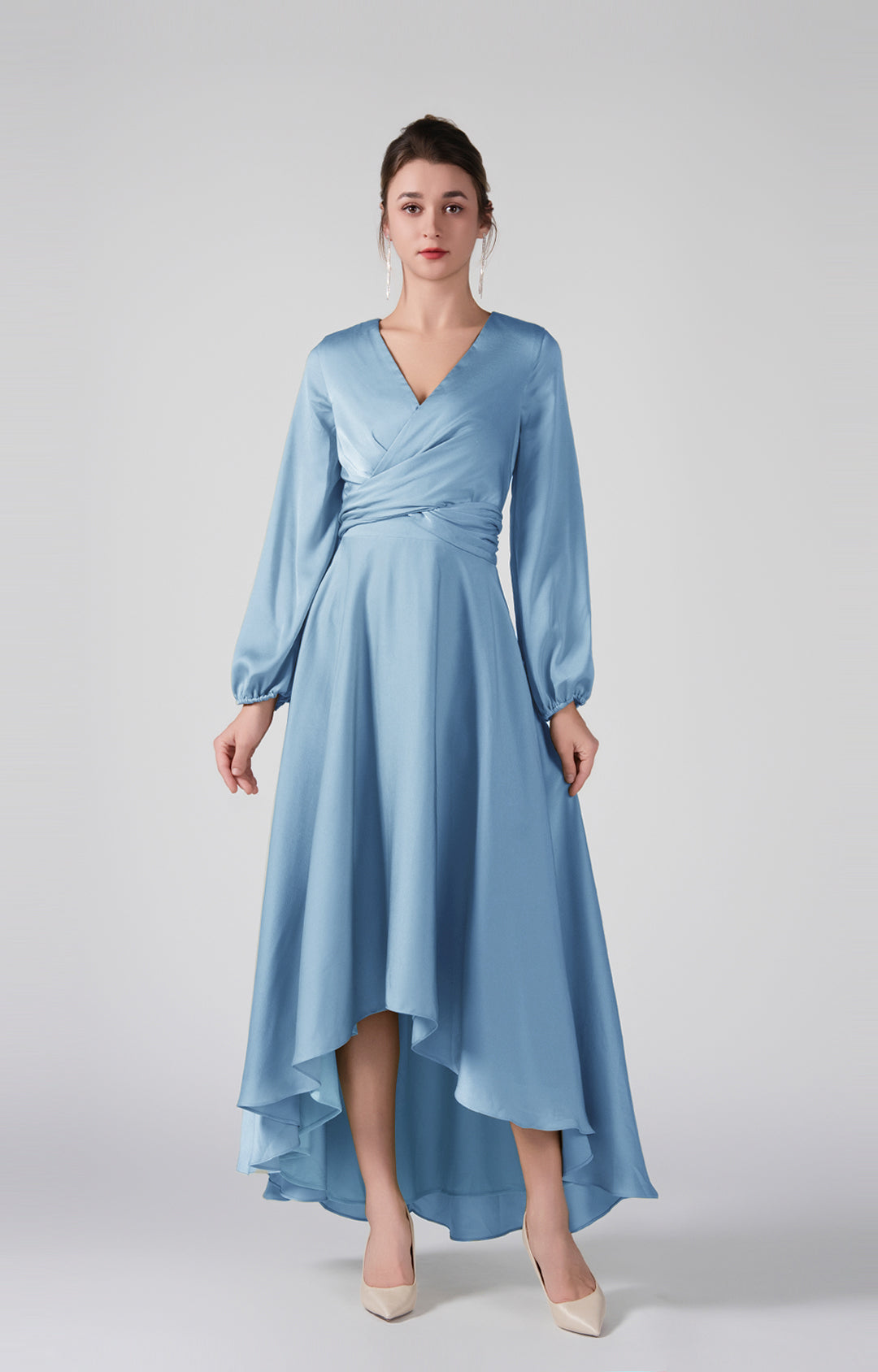 Elegant V-Neck Long Sleeves Wrapped Bodice High-Low Dresses