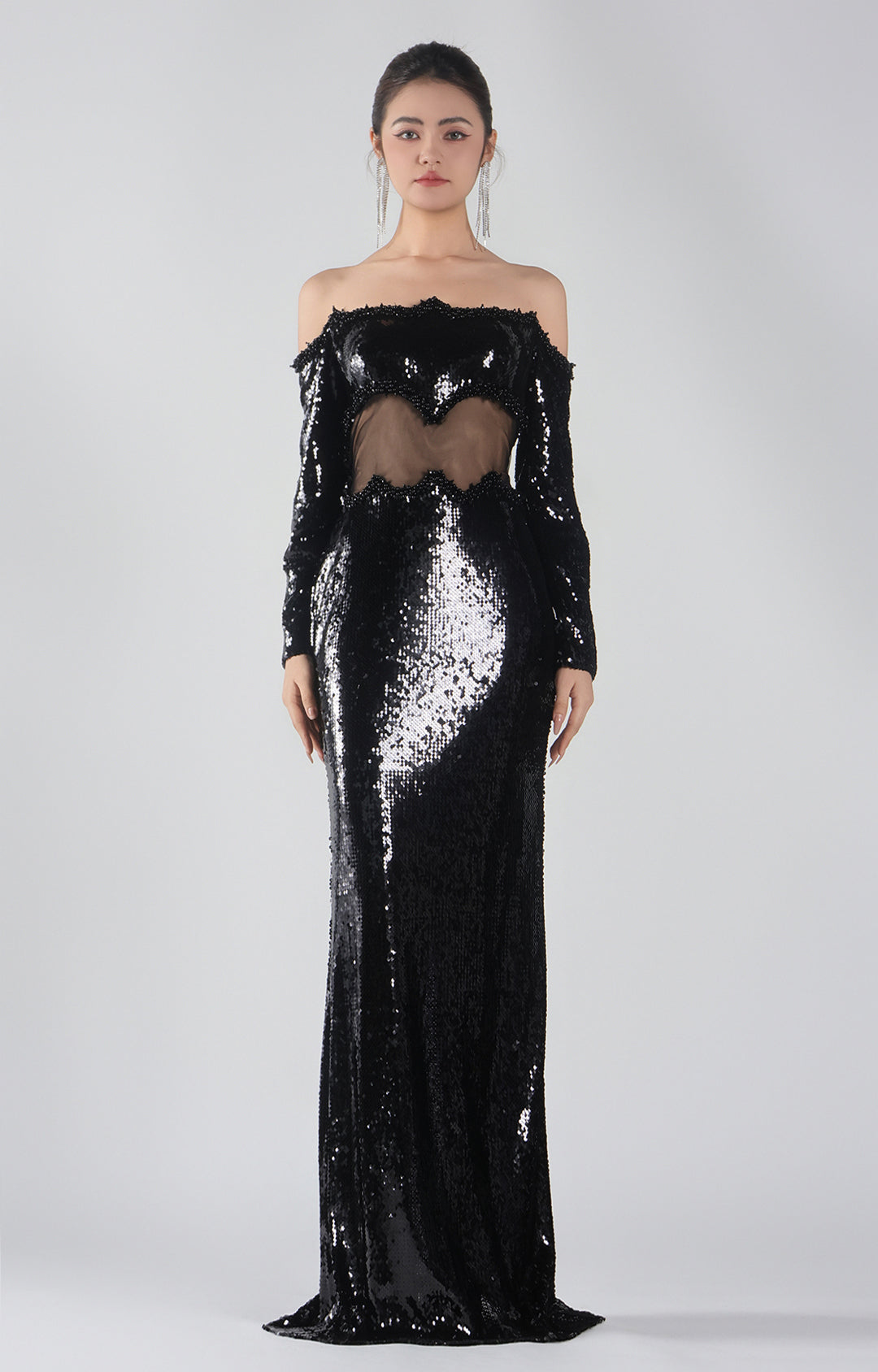 Off-Shoulder Sheer Illusion Waist Sequins Dresses