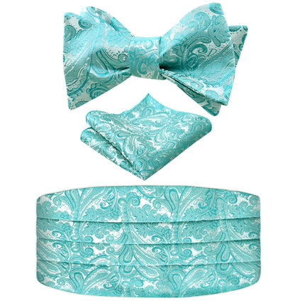 Men's Classic Paisley Woven Self-tied Adjustable Bow Tie, Cummerbund and Pocket Square Set, 133