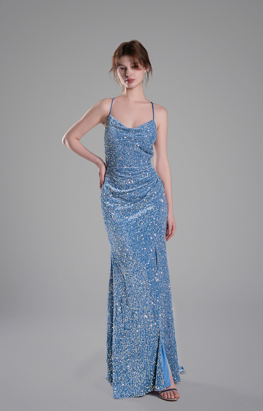 Cowl Neckline Eye-Catching Sequin Lace-Up Dresses