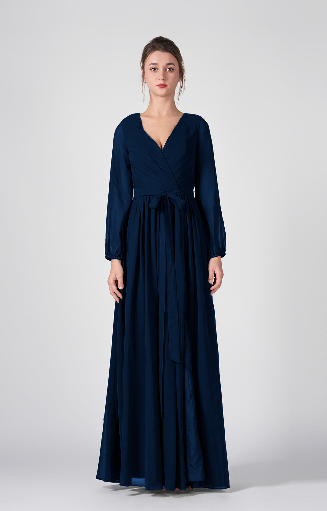 Ruched V-Neck Long Sleeve Split Maxi Dresses with Tie