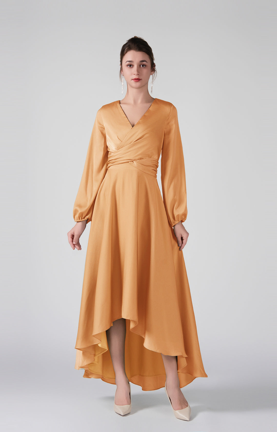 Elegant V-Neck Long Sleeves Wrapped Bodice High-Low Dresses