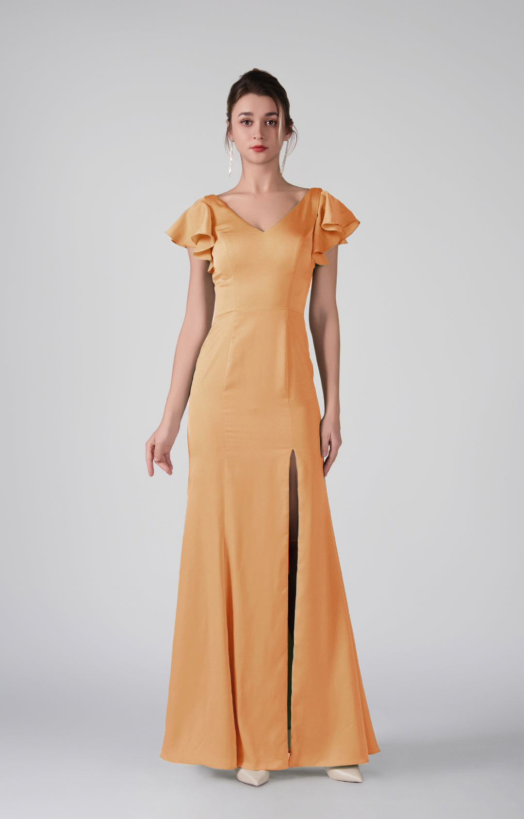 Flutter Sleeves V-Neck Fitted Front Slit Dresses