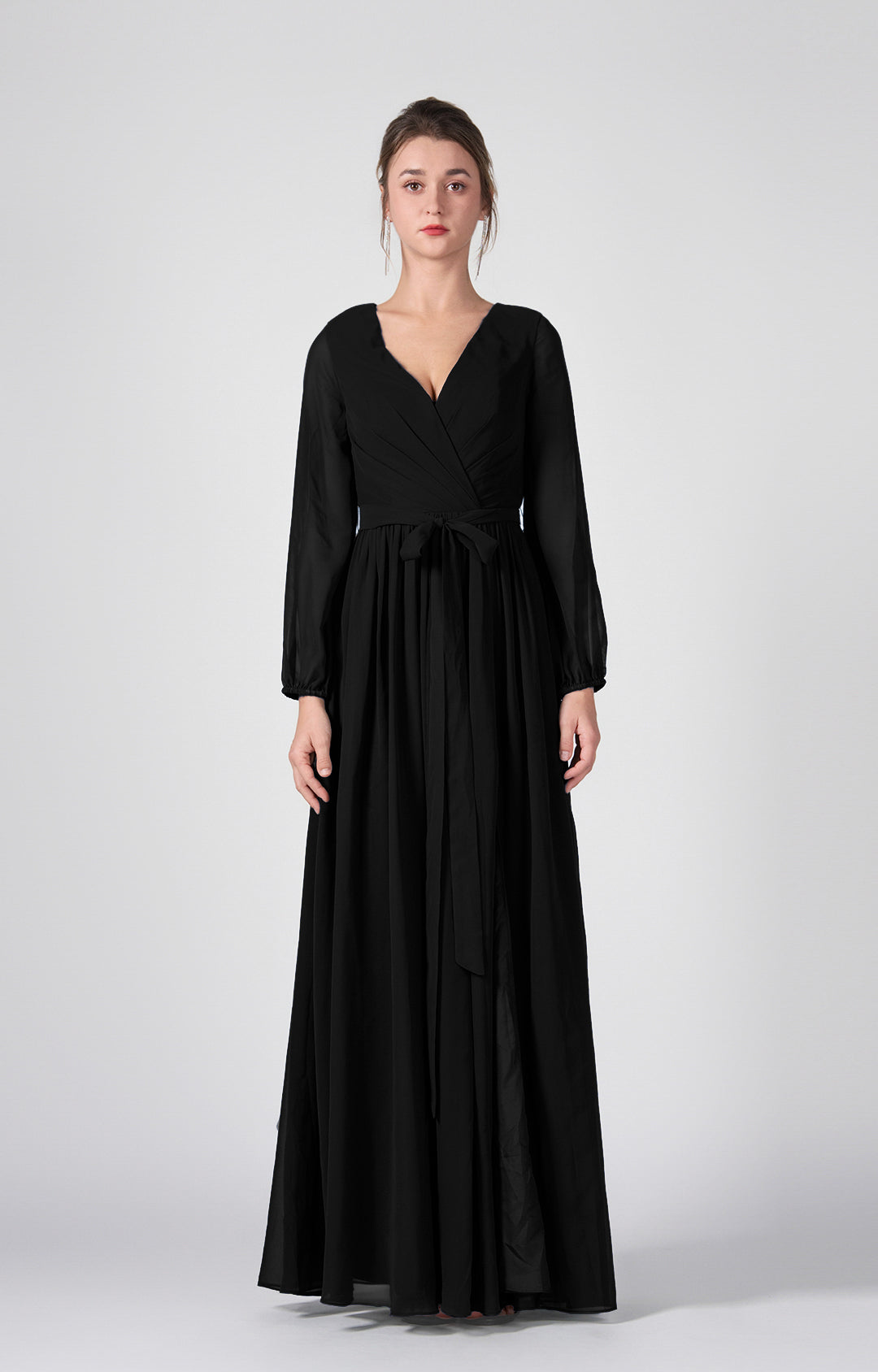 Ruched V-Neck Long Sleeve Split Maxi Dresses with Tie