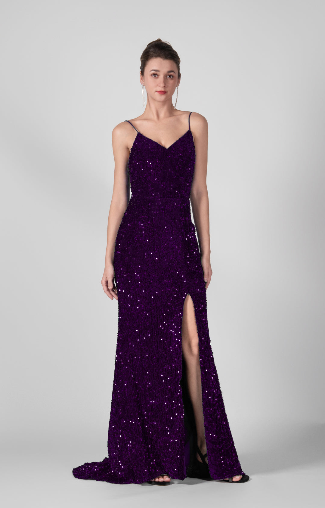 Spaghetti Straps Sequin High Slit Backless Dresses