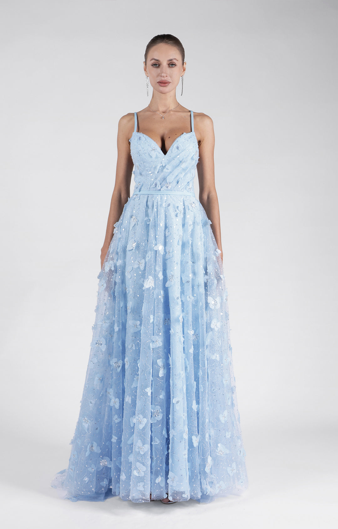 V-Neck A-Line Spaghetti Straps Lace-up Split Puffy Dress