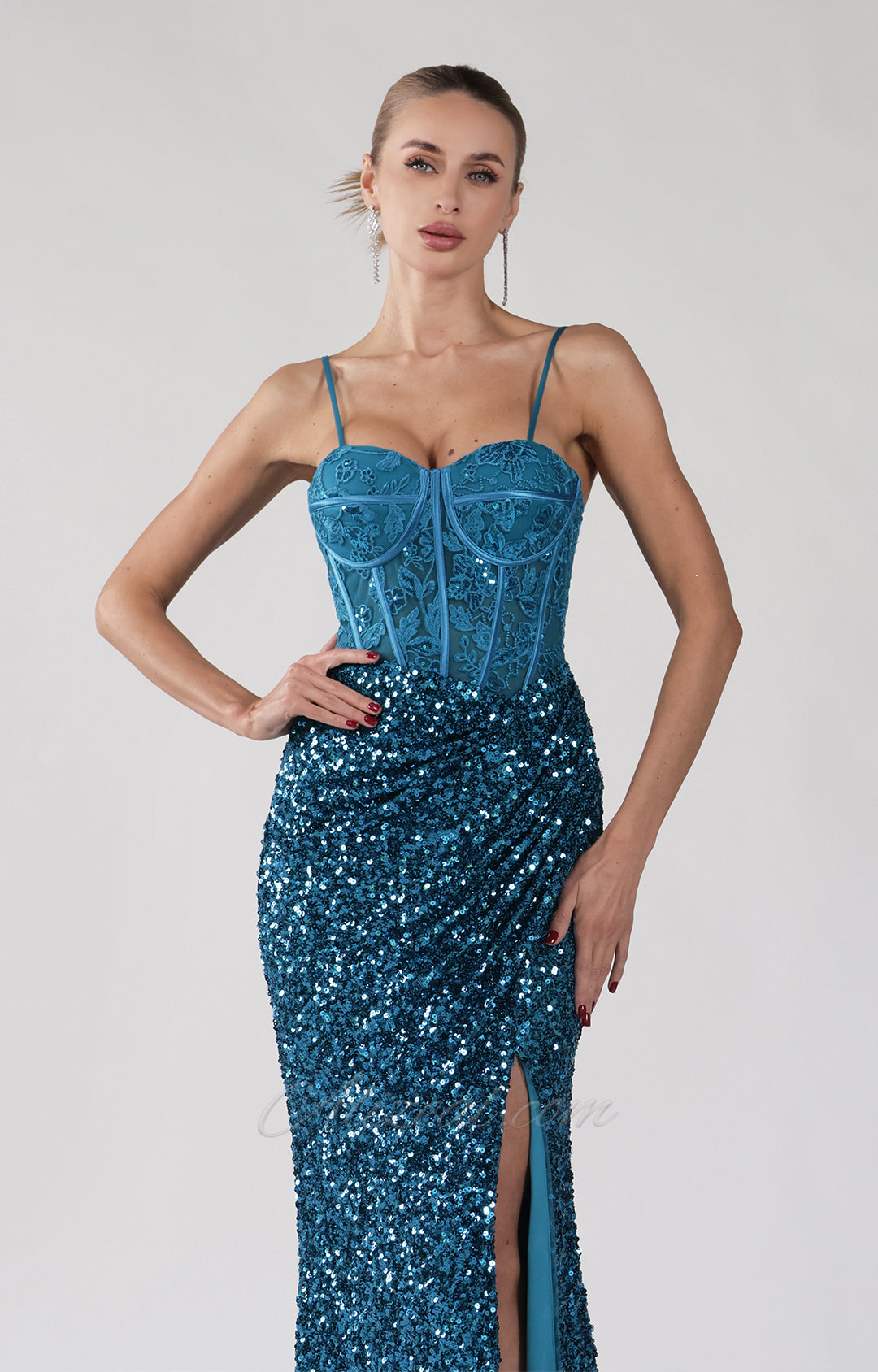 Sequin Bodice Embroidery Split Ruches Evening Dress