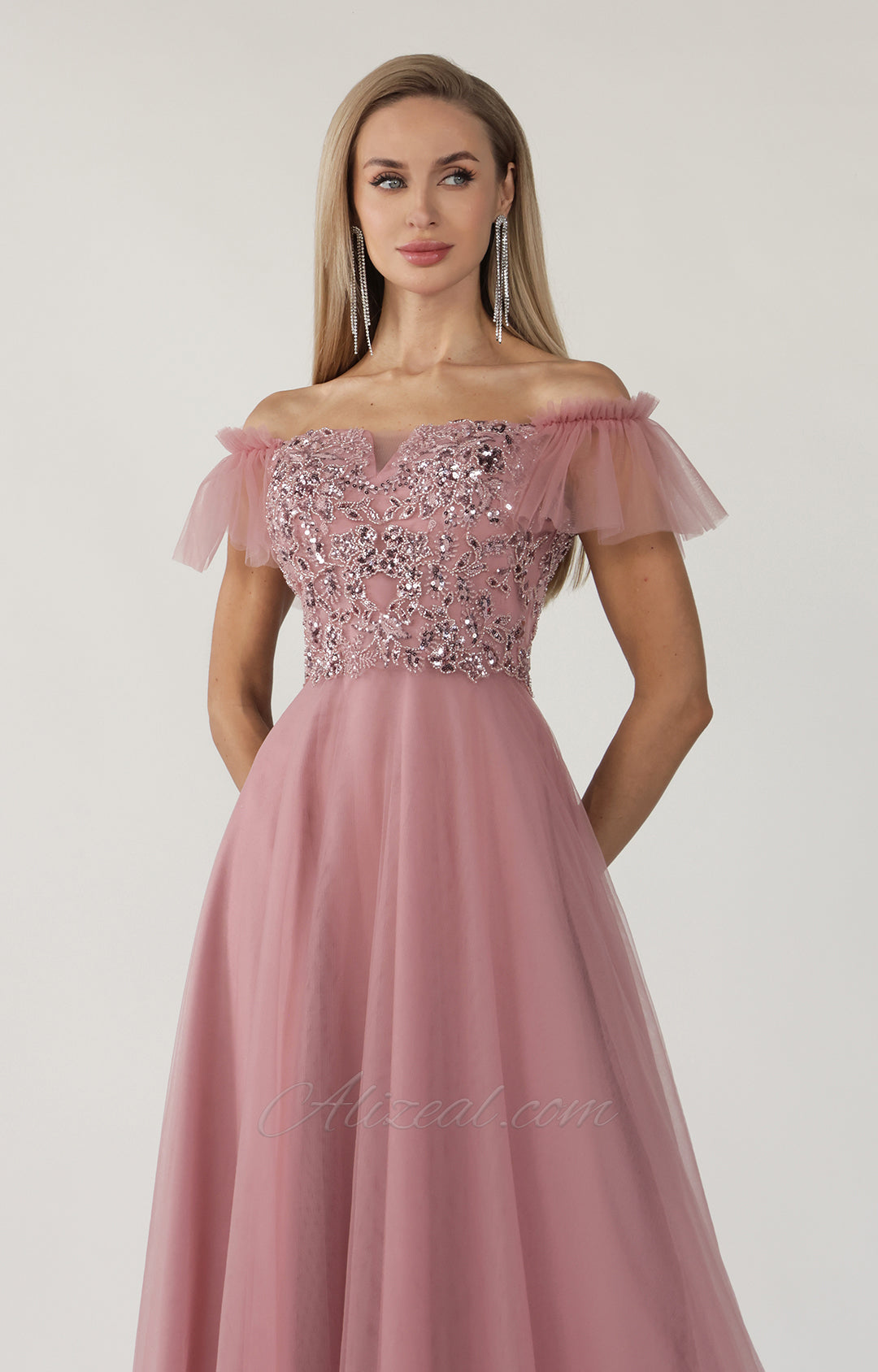 Off Shoulder A-Line Small V-Neck Tulle Appliqued Prom Dress