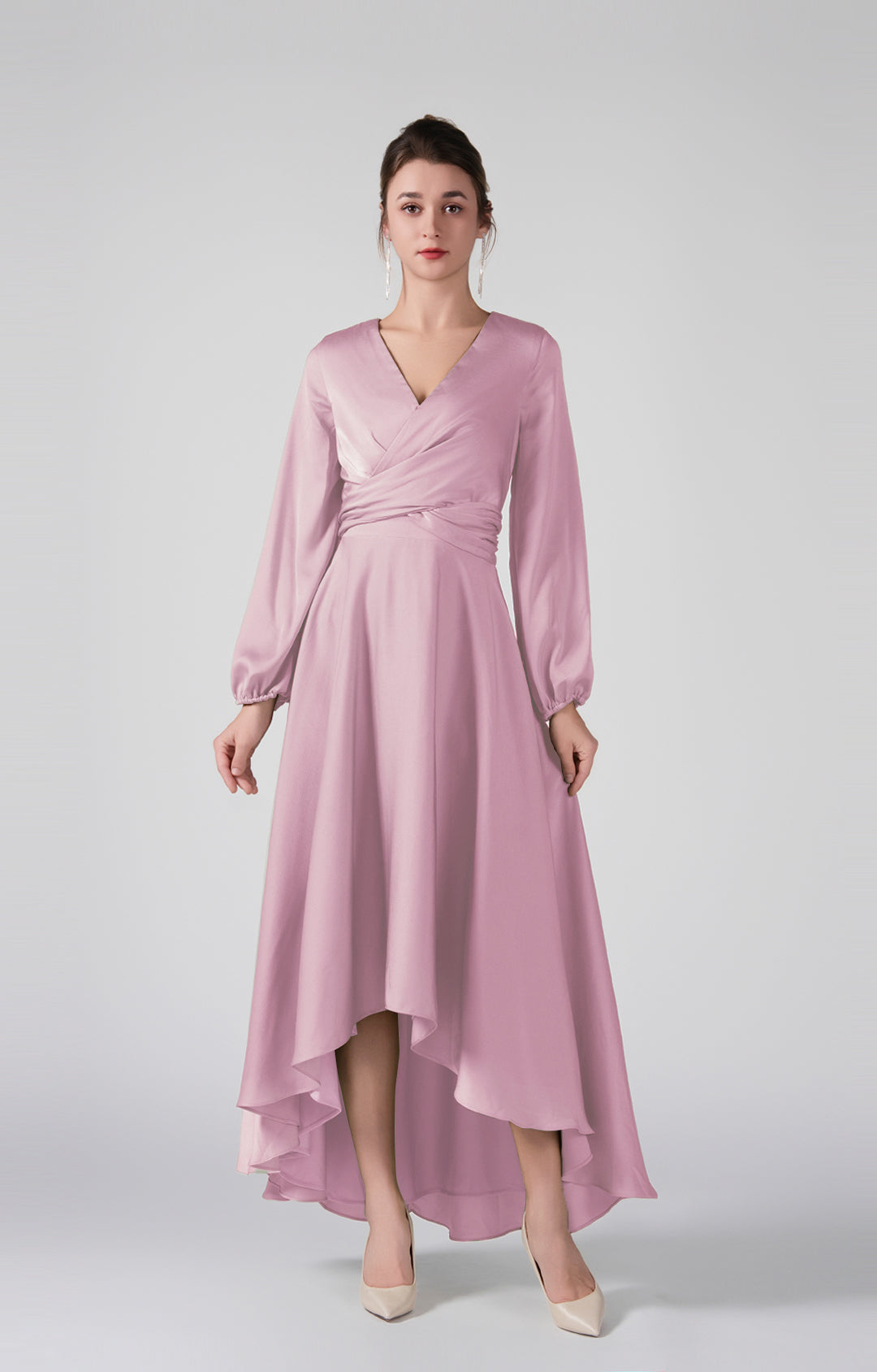 Elegant V-Neck Long Sleeves Wrapped Bodice High-Low Dresses