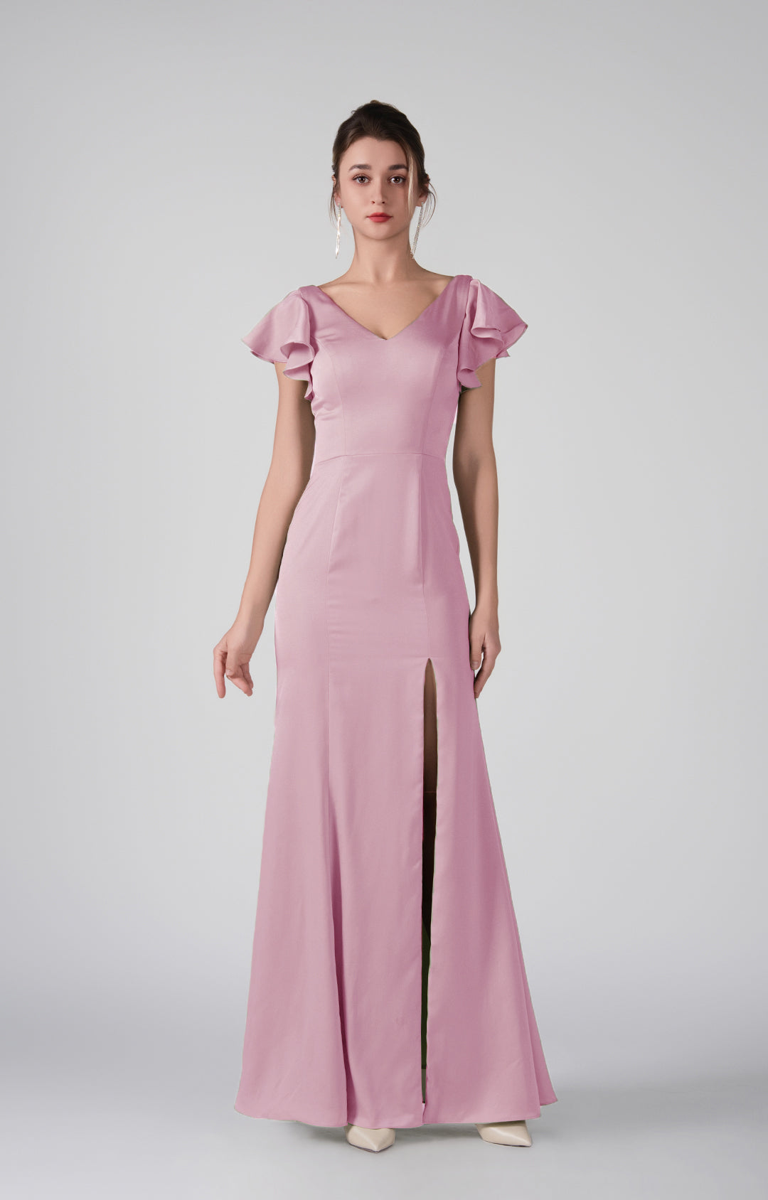 Flutter Sleeves V-Neck Fitted Front Slit Dresses