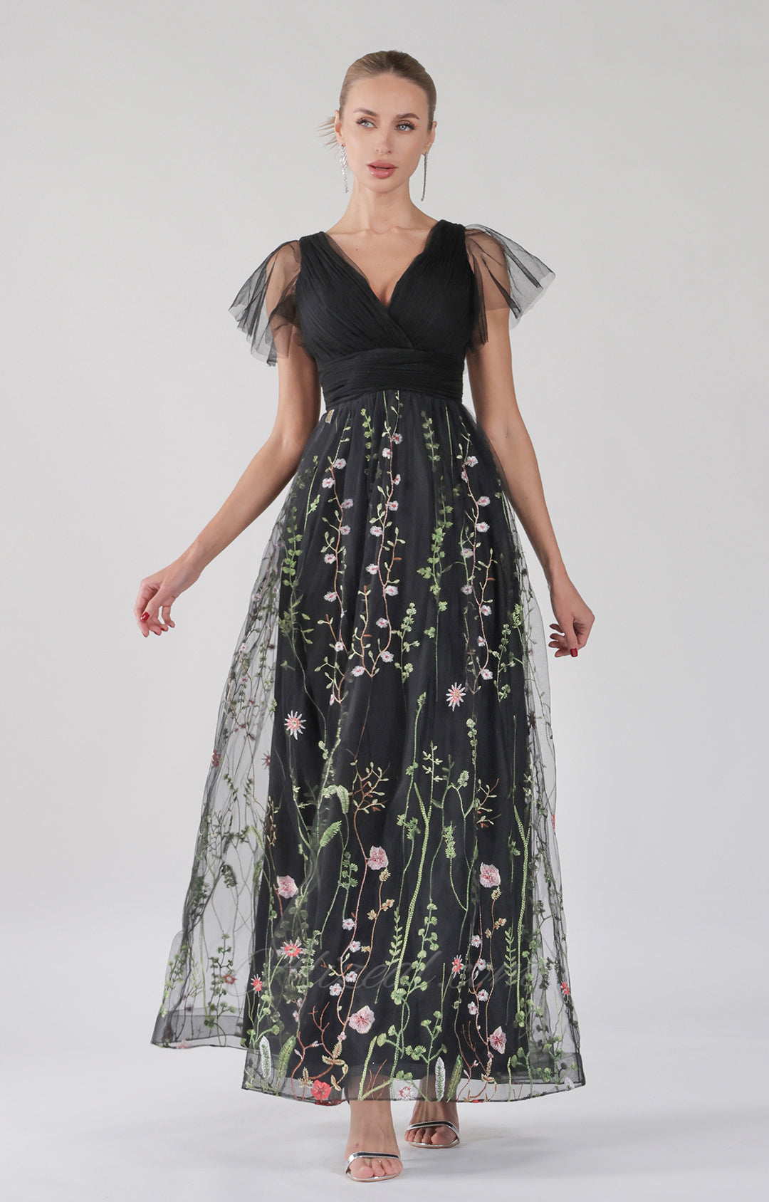 Embroidered Ruched Tulle Ruffle A-Line Maxi Dress