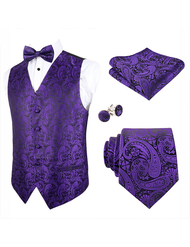 Men's 5pcs Paisley Suit Vest Classic Jacquard Button-Down Waistcoat Set