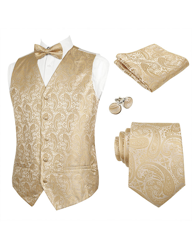 Men's 5pcs Paisley Suit Vest Classic Jacquard Button-Down Waistcoat Set