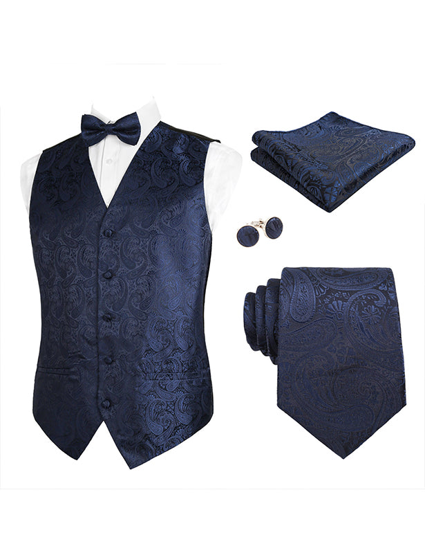 Men's 5pcs Paisley Suit Vest Classic Jacquard Button-Down Waistcoat Set