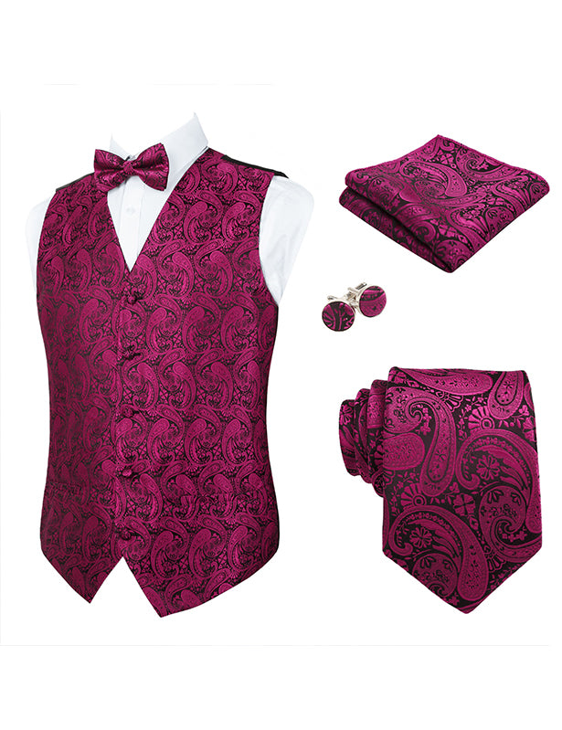 Men's 5pcs Paisley Suit Vest Classic Jacquard Button-Down Waistcoat Set