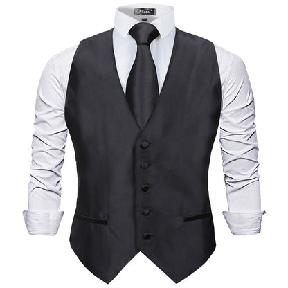 Men's Classic 5 Pcs Solid Color Satin Suit Vest Set, 187-Black