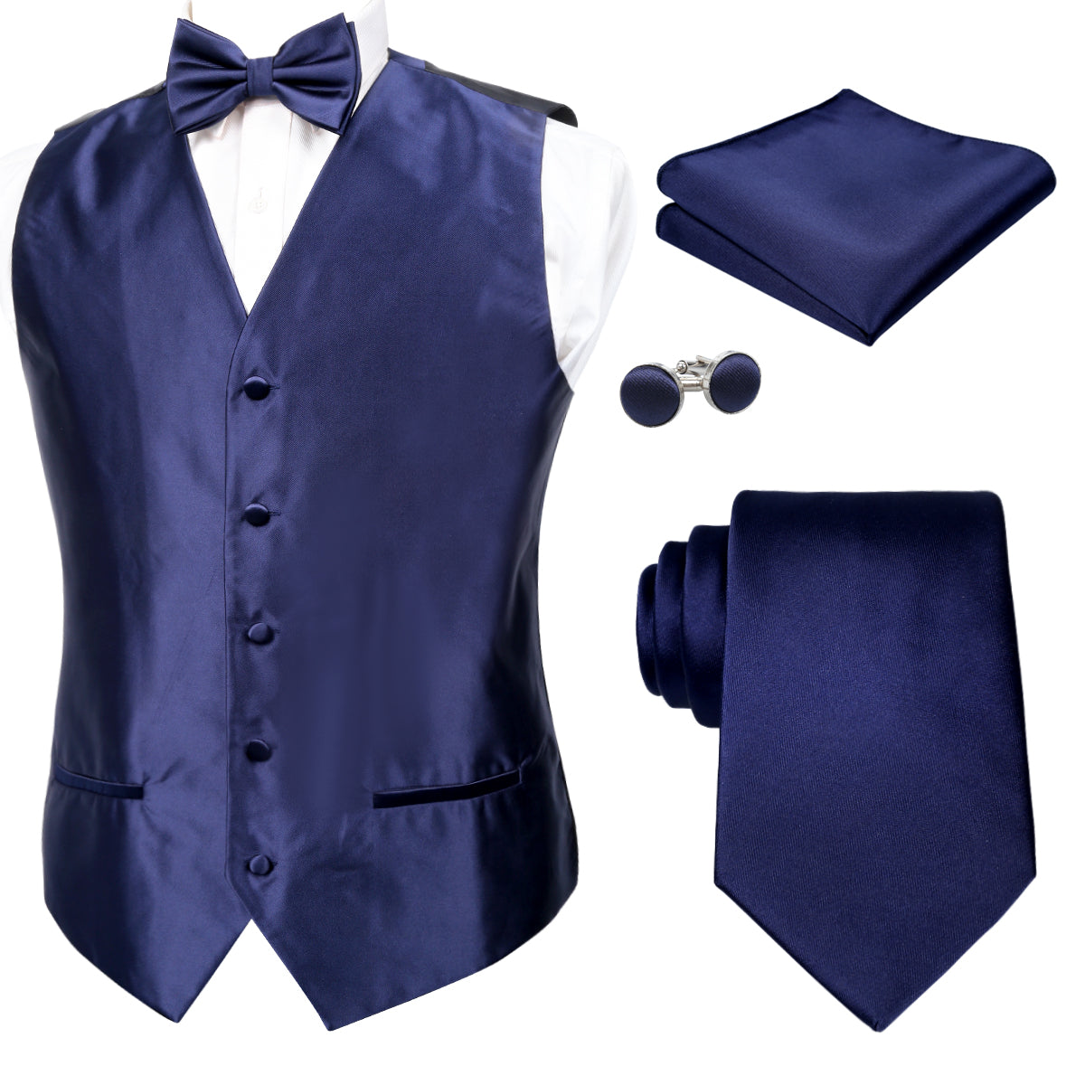 Men's Classic 5 Pcs Solid Color Satin Suit Vest Set, 187-Navy