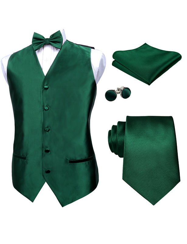 Men's Classic 5 Pcs Solid Color Satin Suit Vest Set