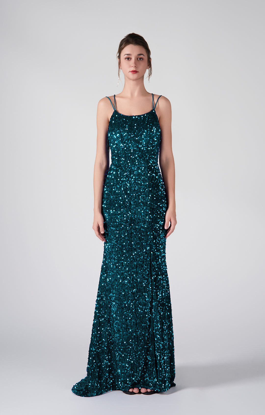 Sparkling Sequin Bodice High Slit Cross Straps Dresses