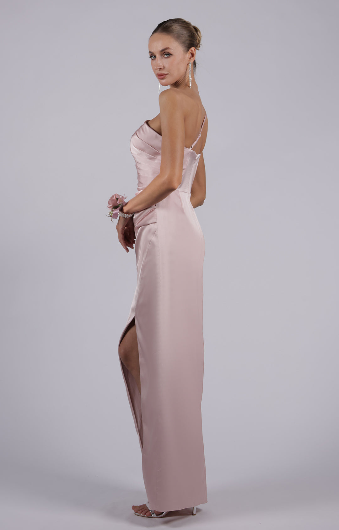 One Shoulder Spaghetti Straps Front Split Pleated Sheath