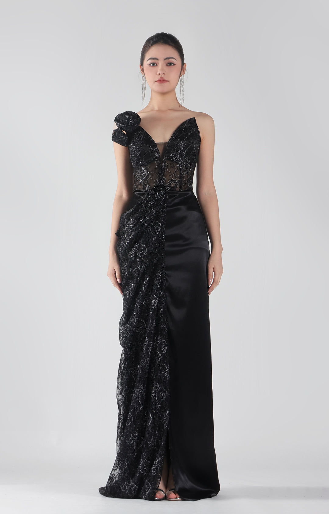 Strapless Sweetheart Neck Lace Bodice Front Slit Dresses