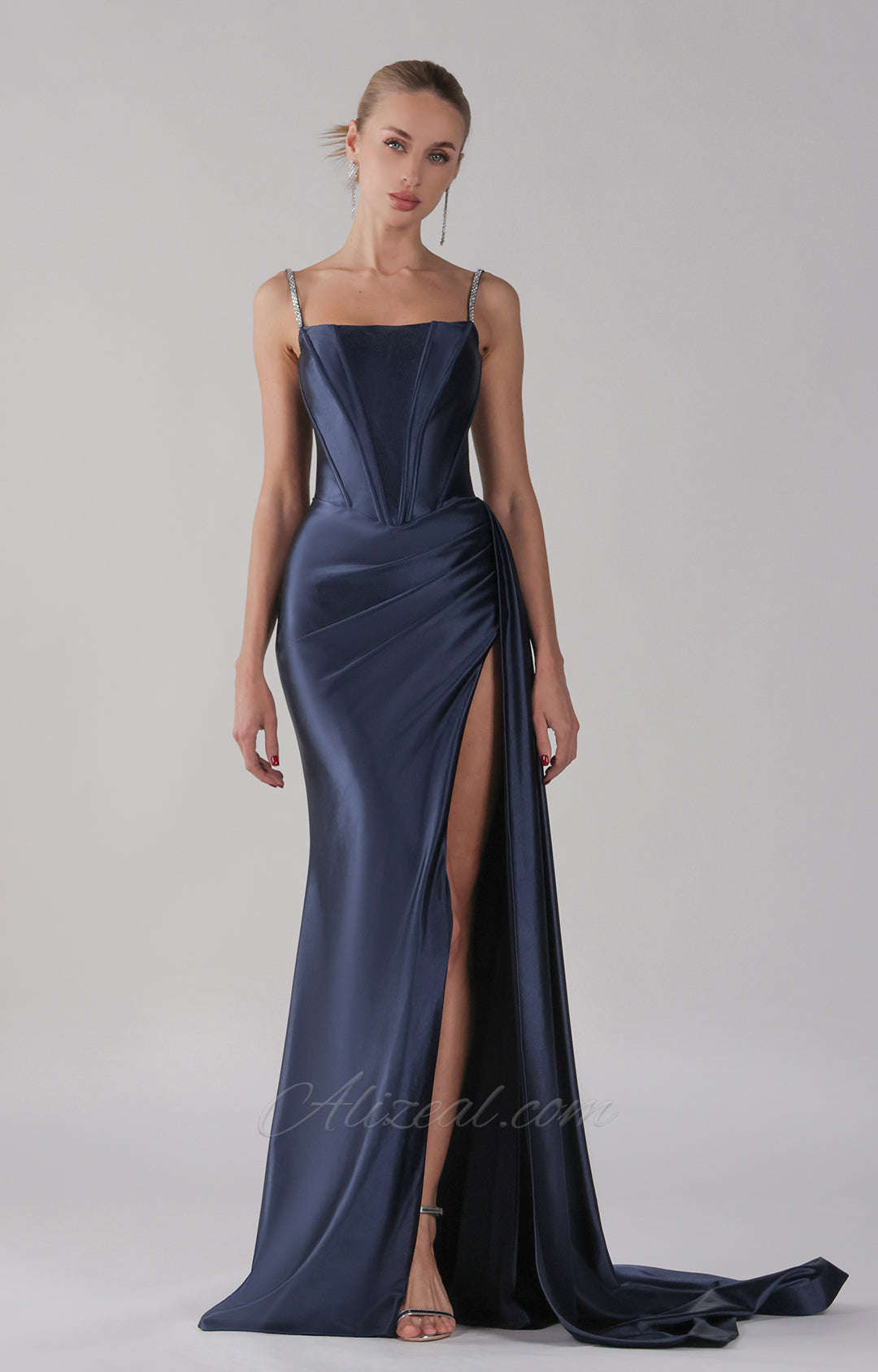 Sequins Straps Fishbone Pleated Train Split Dress