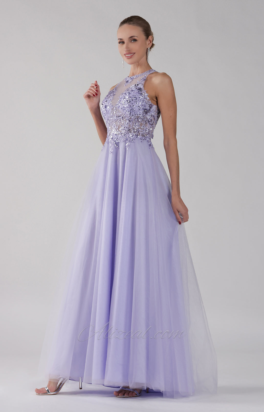 Halter Strapless Appliqued Tulle Backless A-Line Dress
