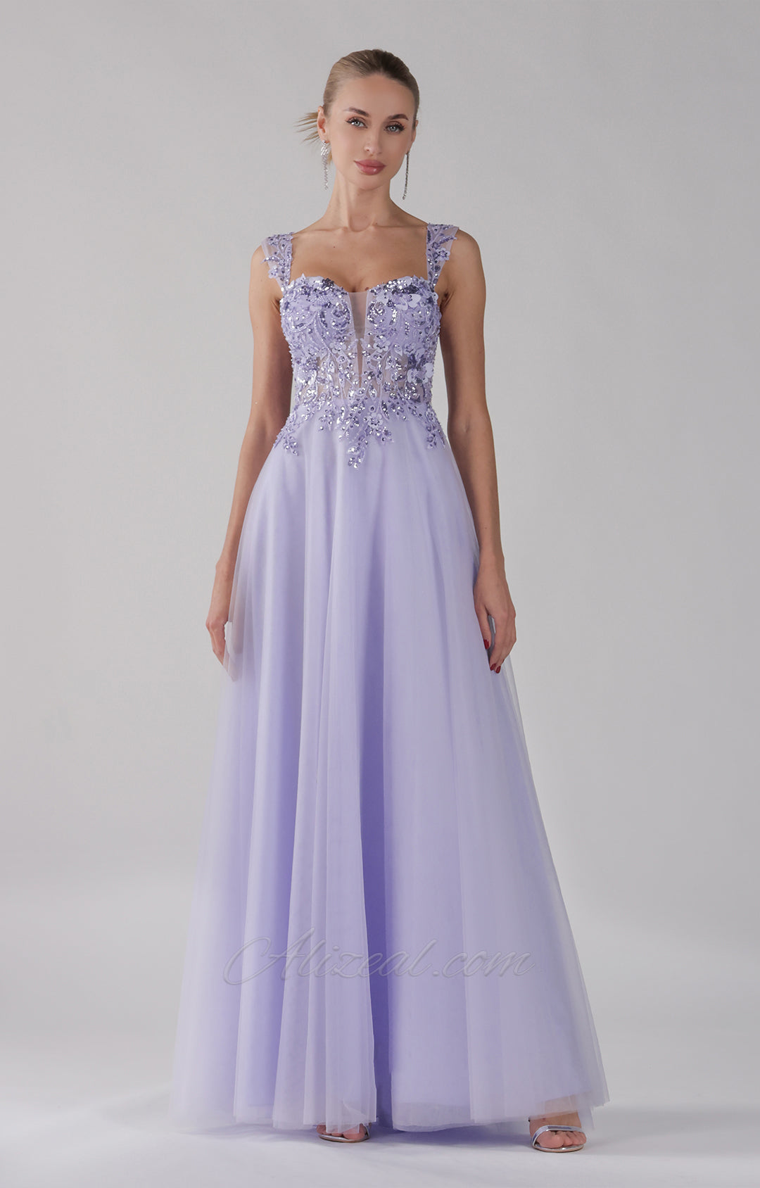 Wide Straps Appliqued Lace-up Back A-line Dress