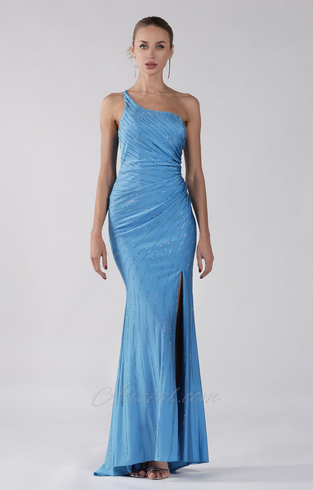 One-Shoulder Beaded Silhouette Pleated Mermaid Dress
