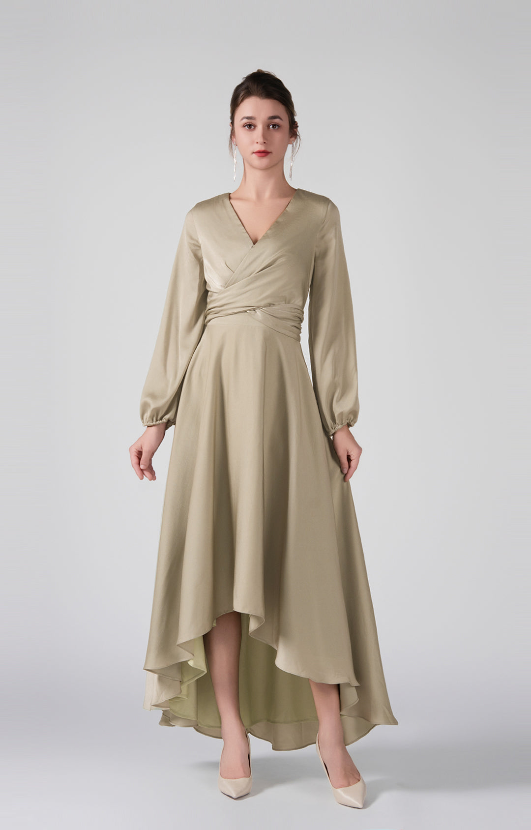 Elegant V-Neck Long Sleeves Wrapped Bodice High-Low Dresses