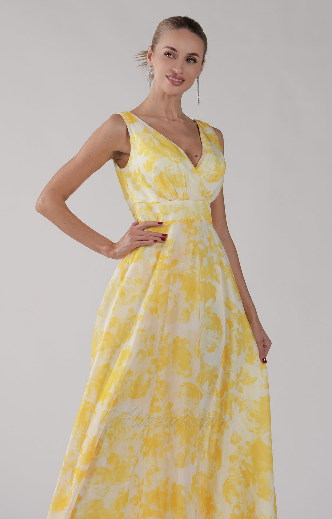 V-Neck A-Line Wide Straps Ruffles Foral Printed Midi Dress