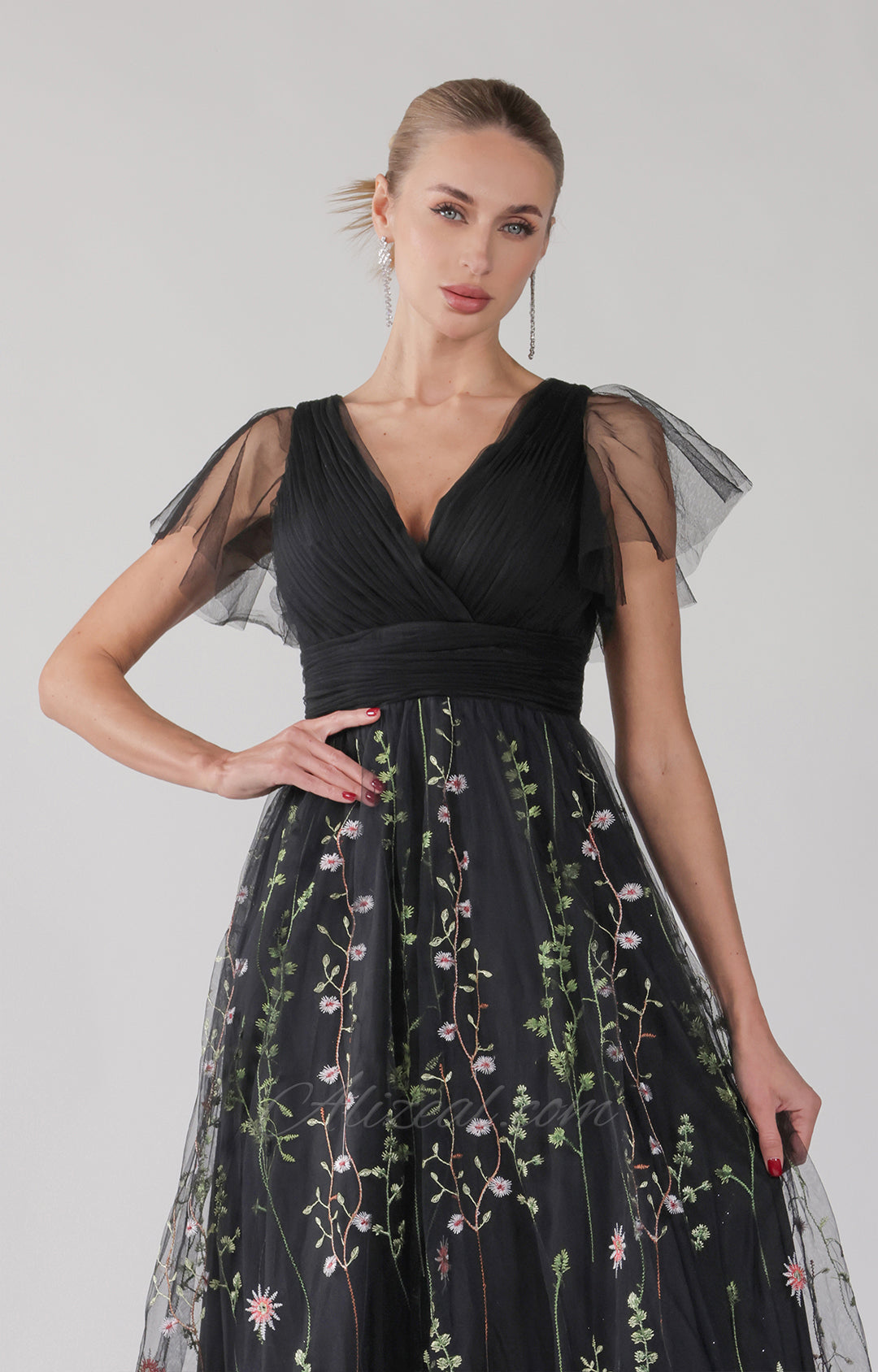 V-Neck A-Line Tulle Ruffle Sleeves Embroidered Maxi Dress