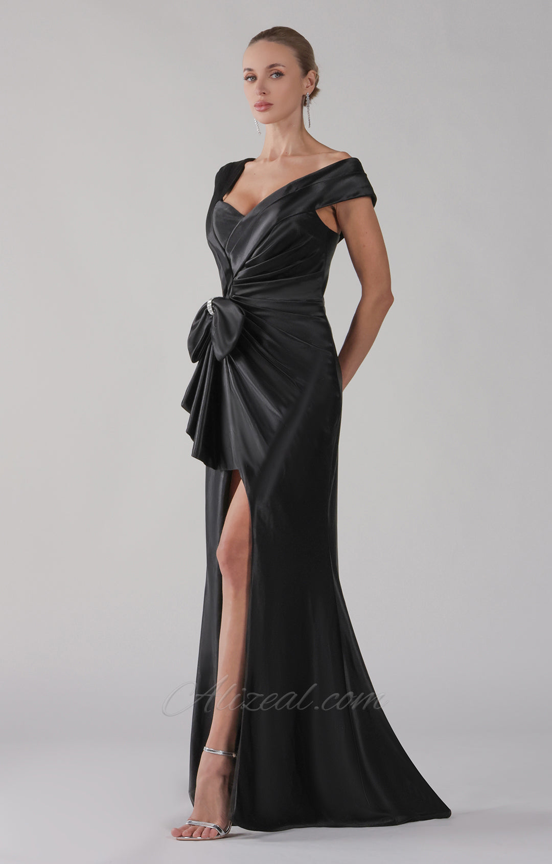 Asymmetric Neckline Bow Pleats Split Satin Evening Dress